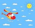 Funny cartoon helicopter in the cloudy sky.