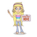 Funny cartoon hippie character holds a sign. Girl hippie blonde with in flared pants. Retro fashion sixties seventies