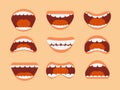 Funny cartoon human mouth, teeth and tongue with different expressions vector set isolated