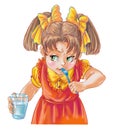 Funny cartoon hungry and thirsty little girl