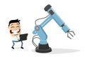 Funny cartoon illustration of an asian businessman with industrial robot and tablet