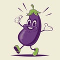 Funny cartoon illustration of a happy eggplant in retro style