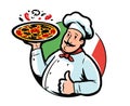 Funny cartoon illustration Italian chef holding delicious pizza. Restaurant, pizzeria emblem vector illustration Royalty Free Stock Photo