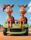 A funny cartoon illustration of two horse having a car race,generative ai Royalty Free Stock Photo