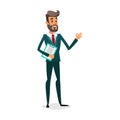 Funny cartoon investor showing ok sign. The manager is in a suit with a beard. Design for business vacancy.