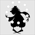 Cartoon juggling clown silhouette with white balls