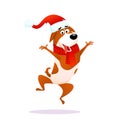 Funny cartoon jumping dog. Xmas flat joyful puppy. Royalty Free Stock Photo