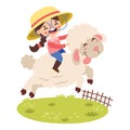 Funny Cartoon Kid Riding Sheep Royalty Free Stock Photo