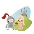 Funny cartoon knight giving flowers to a princess