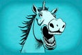 funny cartoon laughing horse on blue background