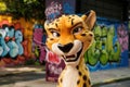 Funny cartoon leopard in the street, graffiti wall, close-up of a face Royalty Free Stock Photo