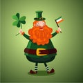 Funny cartoon leprechaun with clover and Irish flag. Illustration for Saint Patrick day.