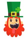 Funny Cartoon Leprechaun face. Head with Red beard. Portrait for St. Patricks Day celebration in Ireland.