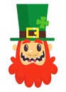Funny Cartoon Leprechaun face. Head with Red beard. Portrait for St. Patricks Day celebration in Ireland.