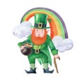 Funny cartoon leprechaun with pot of gold, walking stick and raibow