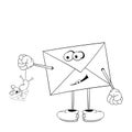 A funny cartoon letter with eyes, arms, legs and mouth holding a small mouse by the tail that bites the cheese. Black and white