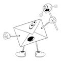 Funny cartoon letter with eyes, hands, feet and mouth holding a candy in his hand and swearing at her. Black and white coloring