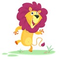 Funny cartoon lion dancing. Vector image isolated on simple Savannah background.. Royalty Free Stock Photo