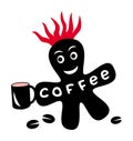 Funny cartoon little blot with red fiery and cup crown and coffee grains.