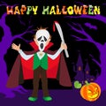 Funny cartoon little Dracula, boy wearing Halloween costume, with lettering trees pumpkin vector illustration Royalty Free Stock Photo