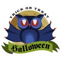 Funny cartoon logo Halloween owl flat poster vector illustration. Magic night-bird hanging upside down on tree branch Royalty Free Stock Photo