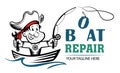 Funny cartoon logo of pirate holding wrench and fishing rod. Boat repair funny concept. Repairing Fishing Boats mascot Royalty Free Stock Photo