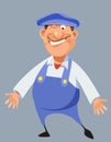 Funny cartoon male worker in blue overalls and cap