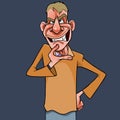 Cartoon malevolent man deep in thought touching his chin with his hand Royalty Free Stock Photo