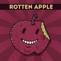 Funny, cartoon, malicious, violet monster apple, on the scratchy retro background. Vector illustration. Halloween card. Rotten app