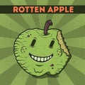 Funny, cartoon, malicious, violet monster apple, on the scratchy retro background. Vector illustration. Halloween card. Rotten app