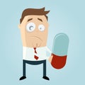 Funny cartoon man with big pill