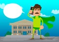 Man dressed as a superhero talking on cell phone. Royalty Free Stock Photo