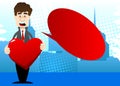 Man dressed for winter hugging big red heart. Royalty Free Stock Photo