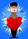 Man dressed for winter hugging big red heart. Royalty Free Stock Photo