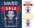 Funny cartoon man holds Winter sale banner and blank banner.