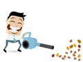 Funny cartoon man with leaf blower