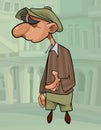 Funny cartoon man in retro cap looks away thoughtfully