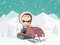 Funny cartoon man with snowmobile and winter background