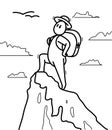 Funny cartoon man standing on top peak of a high mountain with backpack and proud vector flat style illustration isolated on white