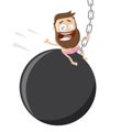 Funny cartoon man swinging on a wrecking ball