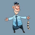 Cartoon man in uniform of traffic inspector stands with outstretched arms