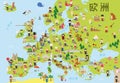 Funny cartoon map of Europe in chinese with childrens of different nationalities, representative monuments, animals and objects