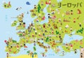 Funny cartoon map of Europe in japanese with childrens of different nationalities, representative monuments, animals and objects
