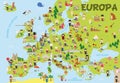 Funny cartoon map of Europe in spanish with childrens of different nationalities, representative monuments, animals and objects