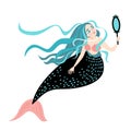 Funny cartoon mermaid with a mirror. Royalty Free Stock Photo