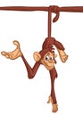 Funny cartoon monkey hang down the tree and presenting. Vector illustration.