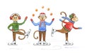 Funny cartoon monkey on ice skates. Watercolor monkey and New Year decoration elements. Mascot illustration of the Christmas Card