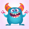 Funny cartoon monster with big mouth laughing. Vector blue monster illustration. Big set of Halloween characters Royalty Free Stock Photo