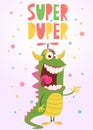 Funny cartoon monster character poster or invitation with title Super-Duper. Illustration of happy alien creature. Halloween party