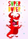 Funny cartoon monster character poster or invitation with title Super-Duper. Illustration of happy alien creature. Halloween party Royalty Free Stock Photo